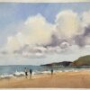 British Impressionist Watercolor of a Serene Coastal Beach Scene with Kite Flyer