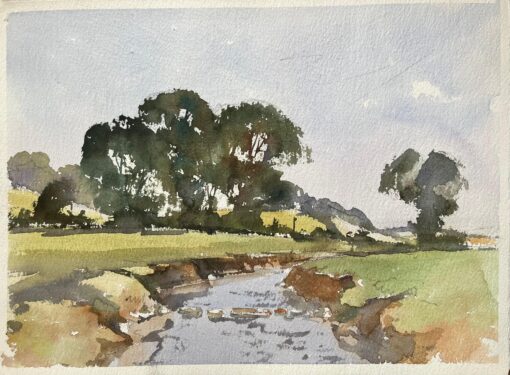 British Impressionist Watercolor of a Scenic Countryside Stream with Lush Trees