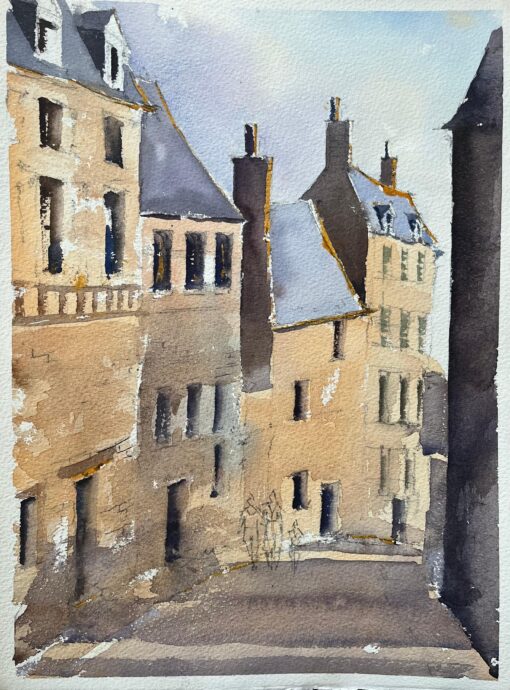 British Impressionist Watercolor of a Street Scene with Figures in France