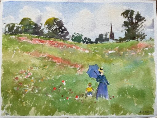 British Impressionist Watercolor of a Woman and Child in Flower Meadow
