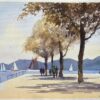 British Impressionist Watercolor of a Lakeside Promenade with Sailboats