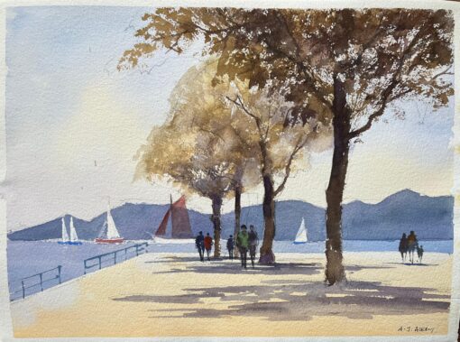 British Impressionist Watercolor of a Lakeside Promenade with Sailboats