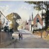 British Impressionist Watercolor of a Village Street with Church and Figures