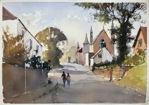 British Impressionist Watercolor of a Village Street with Church and Figures