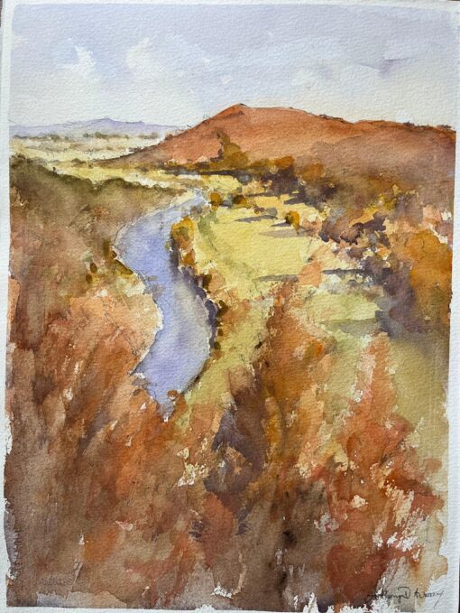 British Impressionist Watercolor of Rolling Hills and River Valley in Autumn