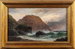 Victorian Cornish Stormy Seas at Dusk Fishermen on the Rocks Oil Landscape