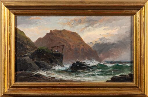 Victorian Cornish Stormy Seas at Dusk Fishermen on the Rocks Oil Landscape