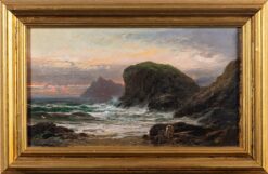 Antique Cornish Oil Painting Sunset Over Rocky Shores Figures Collecting Fish