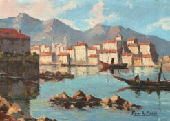 VINTAGE FRENCH SIGNED OIL - FISHING BOATS SLEEPY MEDITERRANEAN OLD TOWN HARBOUR
