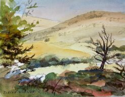 Post-Impressionist French Watercolour Painting Bare Trees With Open Landscape