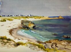 Post-Impressionist French Watercolour Painting Peaceful Beach On A Cloudy Day