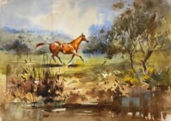 British Impressionist Painting Sorrel Horse Trotting In Field By Stream