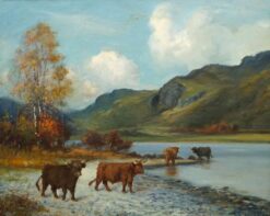 Catte Watering from the Loch's Waters, signed oil