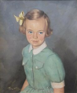 1900-1999 Portrait Oil Painting of Young Girl in Green Dress