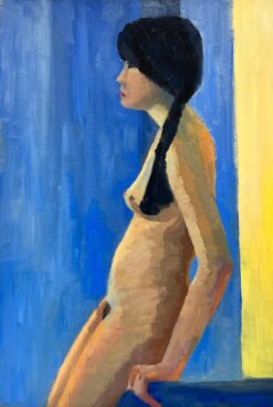 Contemporary British Oil Portrait of a Nude Lady Blue & Yellow background colors