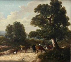 Charming Victorian Signed Oil, Farmer Leading Cattle Rural Lane on Market Day