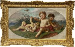 19thC French/ Italian School Oil, Cherubs Playing in Landscape, Wild Flowers