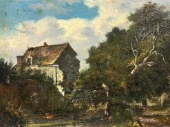 1800-1899 French Barbizon Oil Painting Figure in Woodland by Cottage