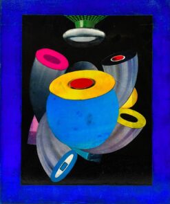 French Contemporary Abstract Collage Painting Spaceship shapes Colors
