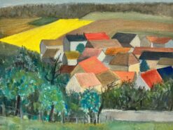 Mid Century French Cubist/ Post Impressionist Oil Red Roof Houses in Landscape