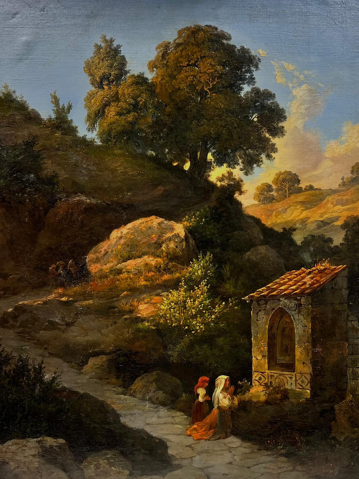 19thC. French Oil Ladies Praying to Madonna Statue South of France Landscape