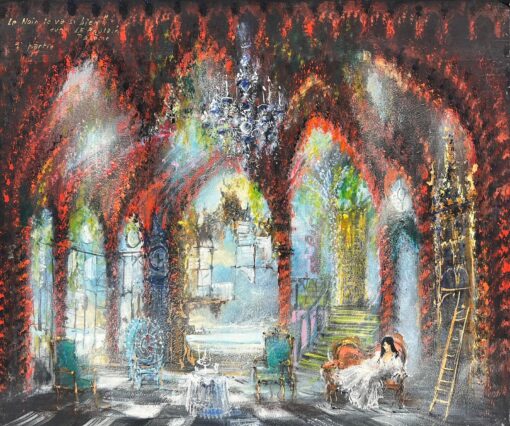 Signed French Theatrical Stage Scene Painting Elegant Lady Interior Ballgown