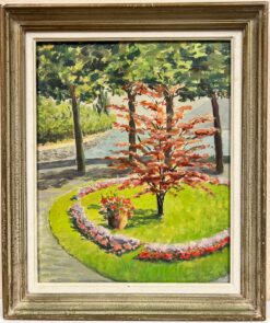 1950's French Impressionist Signed Oil Flower Garden overlooking the Coast