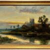Fine Edwardian English Oil Painting River Landscape with Church at Sunset