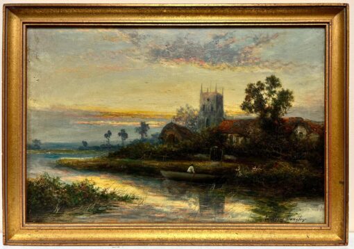 Fine Edwardian English Oil Painting River Landscape with Church at Sunset