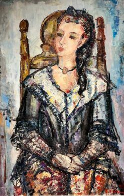 Huge Spanish/ French Oil Painting Girl Seated in Chair