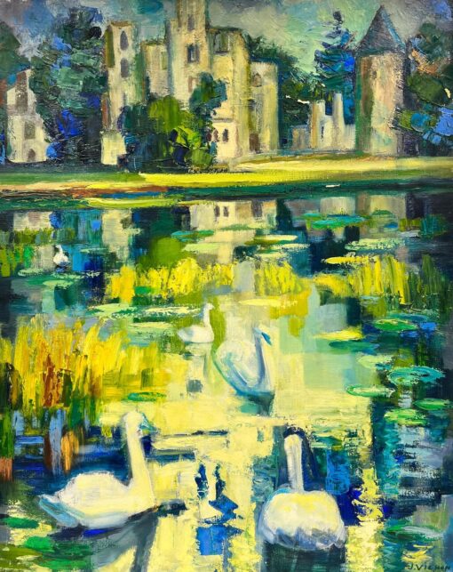 1900-1999 French Post Impressionist Oil Swans on Lily Pond Chateau Lake