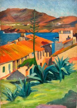 1930's French Post Impressionist Oil Painting Orange House Roofs Green Plants