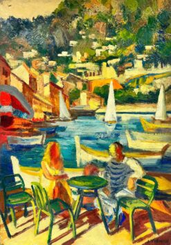 Couple Dining By The Vibrant Cagnes Sur Mer Harbour French Signed Oil