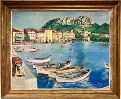 Huge 1900-1999 French Signed Oil Fishing Boats in South of France Harbour