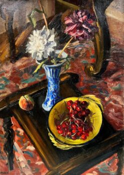 1960's French Post-Impressionist Oil Still Life Pink Roses and Cherries