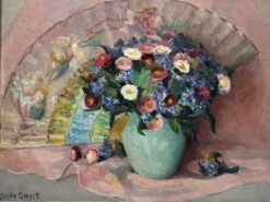Mid 1900-1999 French Signed Oil Beautiful Flowers in Teal Vase Pink Back