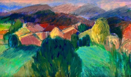 1980's French Post Impressionist Signed Oil Green Ochre Color Landscape Houses