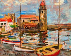 Signed French Post Impressionist Oil Collioure Harbor Fishing Boats France
