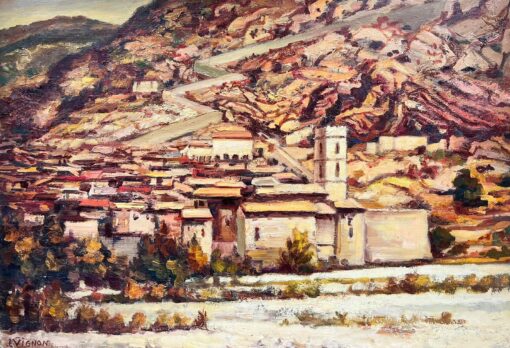 Huge 1950's French Post-Impressionist Oranges Beige Brown Colors Catalan View