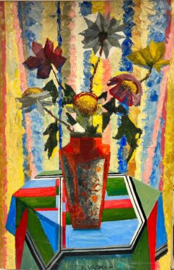 Mid Century French Cubist Signed Oil Painting Still Life of Flowers in Vase