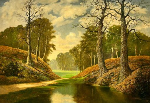 Very Large British Signed Oil Painting Copper Autumn Woodland Pond Landscape