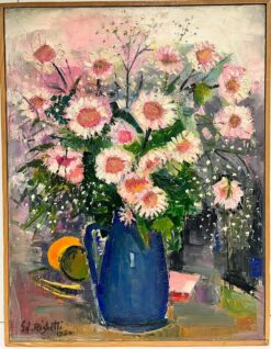 Original French Mid Century Post-Impressionist Oil Pink Flowers in Blue Vase