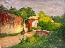 1900’s French Impressionist Oil Mother & Child Walking Country Lane in Sunshine