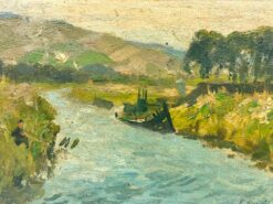 Fishing Boat on Rural River Green Landscape Signed Impressionist Oil Painting