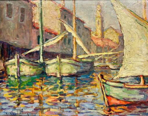 1950’s French Impressionist Oil Sleepy Med Fishing Sunny Harbour signed
