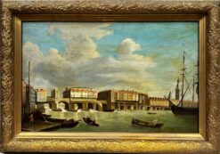 1800-1899 Continental Oil Painting City River Busy Shipping Scene framed