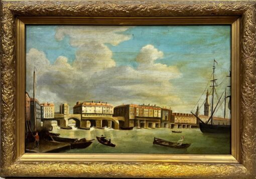 1800-1899 Continental Oil Painting City River Busy Shipping Scene framed