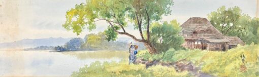 Antique Impressionist Signed Painting Lady by Lake in Landscape