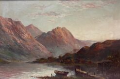 Sunset over Scottish Highland Loch Rowing Boat by Jetty Signed Antique Oil