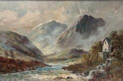 Antique Scottish Highland Landscape Fast Flowing River Landscape & Cottage